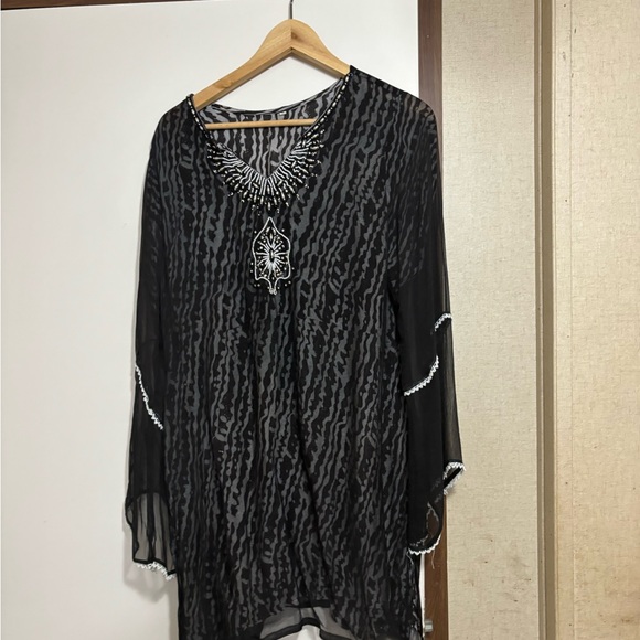 Tops - Black Sheer Tunic with White Embellishments kurti medium